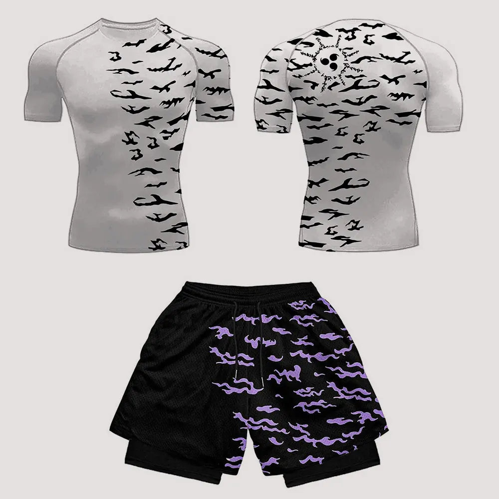 Men’s Anime Print Tracksuit – 2-Piece Breathable Sports Set with T-Shirt, Shorts & Joggers