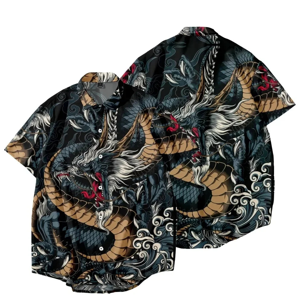New Year Dragon Hawaiian Casual Men's Short Sleeve Shirt Y2k Vintage Top Breathable Camisas Casuais Blouse Man Clothing Society - Ellianto fashion Men's