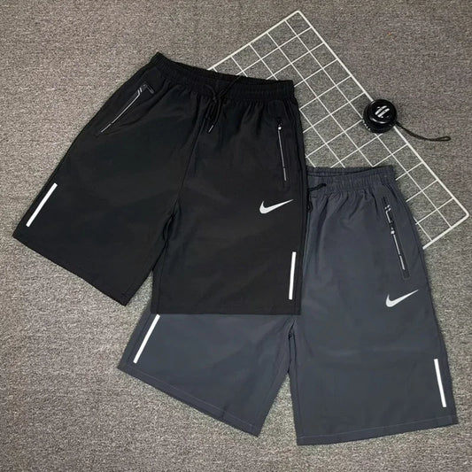 Nike Men's Breathable Shorts, Reflective Design, Adjustable Drawstring, Water-resistant Sweatpants, Solid Color, Black/Grey - Ellianto fashion Men's