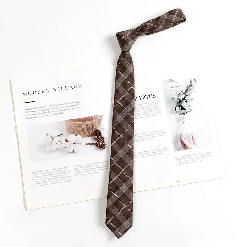 Vintage Brown Plaid Necktie Women's Lazy Person's Japanese Style Preppy Small Tie Bow Tie Handmade Men's Tie
