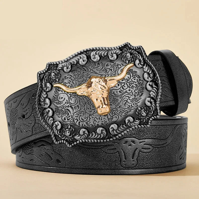 New Men's Western Cowboy Belt - Cool Handsome Black Faux Leather with Embossed Design and Stylish Alloy Buckle men belt - Ellianto fashion Men's