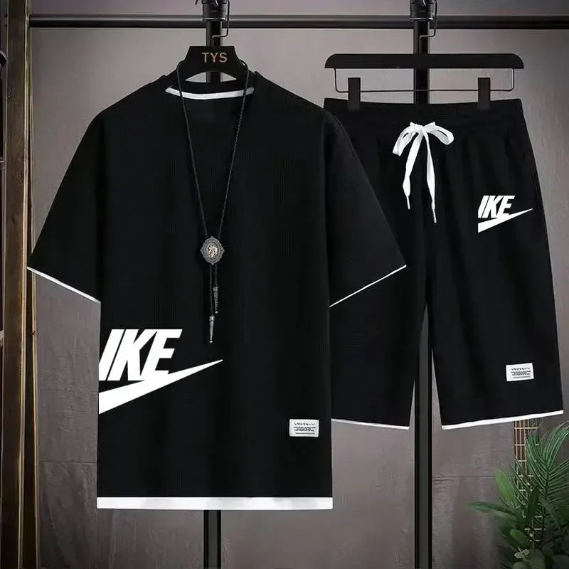 2025 Men's breathable short-sleeved T-shirt + jogging shorts two-piece summer fashion quick-dry fitness leisure sports suit - Ellianto fashion Men's