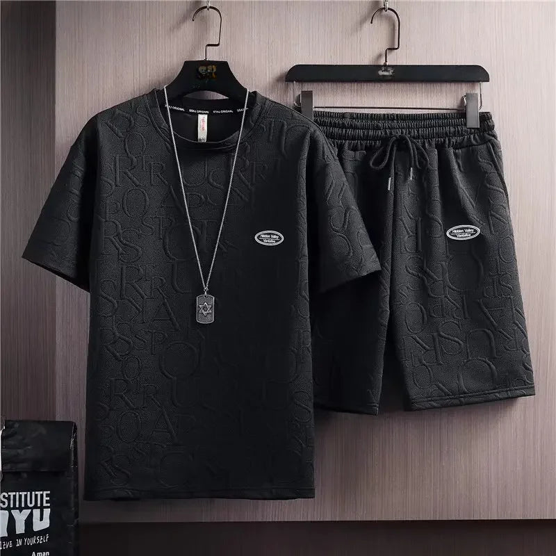 Summer Fashionable Korean Style Men's Short Sleeve Suit Versatile Waist Checked Five-point Shorts T-shirt Set Casual Wear - Ellianto fashion Men's