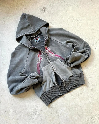 American Retro Fur Collar Flag Printing Oversize Zipper Hoodie Men's and Women's Y2K New Harajuku Hip Hop Goth Casual Sweatshirt