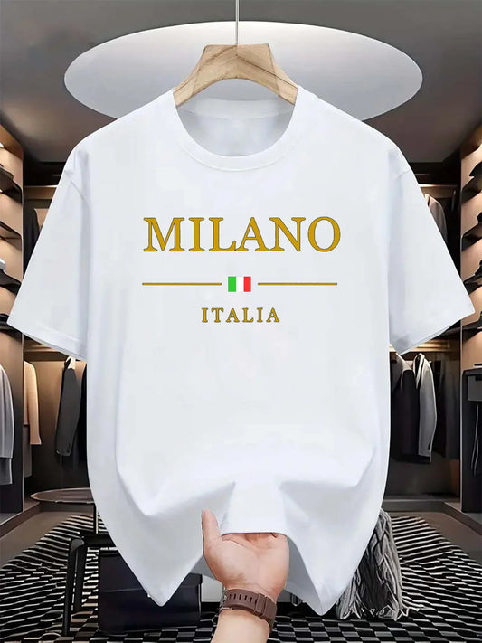 Men's summer 100 cotton fashionable casual loose plus size MILANO ITALIA pattern printed sports round neck short sleeved T-shirt - Ellianto fashion Men's