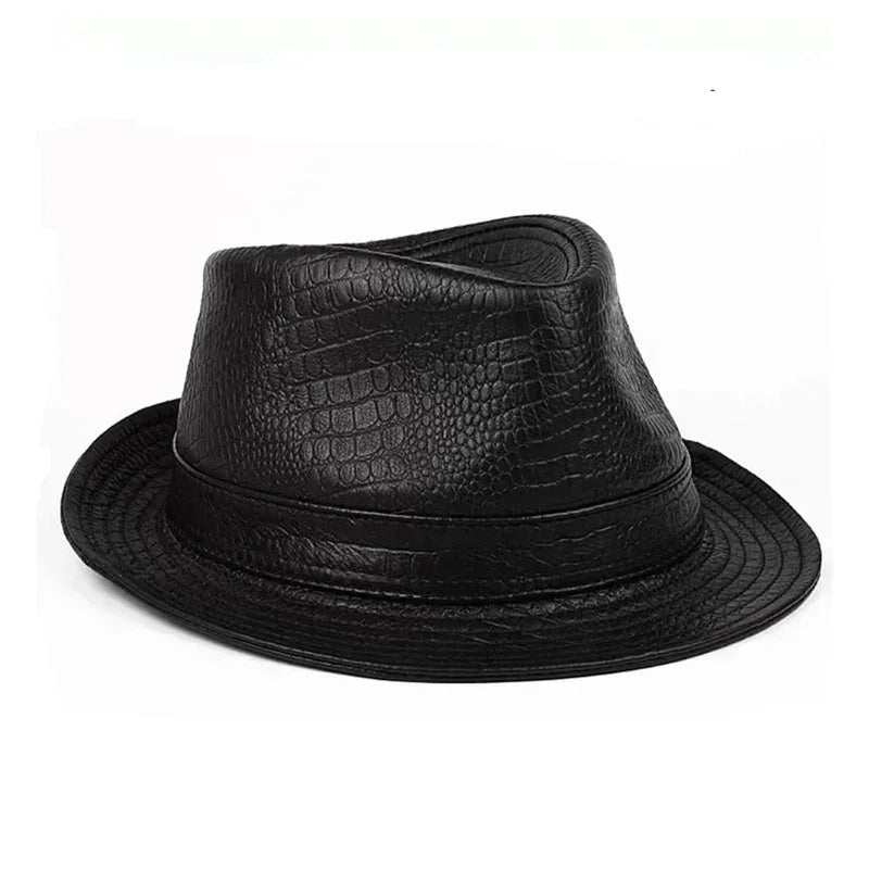 Man High Quality Genuine Leather Jazz Fedora Gentleman CowSkin Short Brim Black/Brown Fitted Top Hat Print Crocodile Pattern - Ellianto fashion Men's