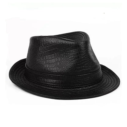 Man High Quality Genuine Leather Jazz Fedora Gentleman CowSkin Short Brim Black/Brown Fitted Top Hat Print Crocodile Pattern - Ellianto fashion Men's