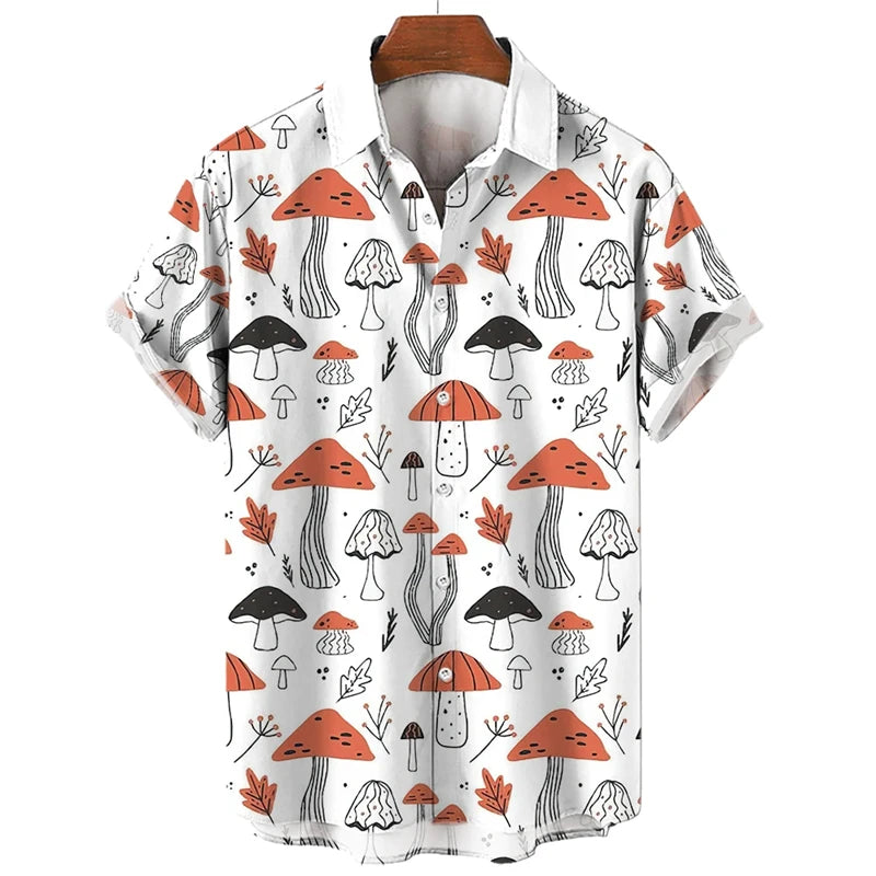 Mushroom 3D Printed Shirts For Men Clothes Cartoon Harajuku Fashion Agaricus Campestris Graphic Blouses Hawaiian Y2k Beach Tops - Ellianto fashion Men's