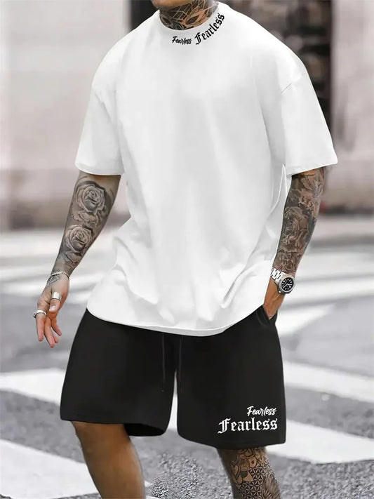 Men's Fearless Letter Print Short Sleeve T-Shirt and Shorts Matching Set Casual Office Wear Summer Holiday Loose 2PCS Outfits - Ellianto fashion Men's
