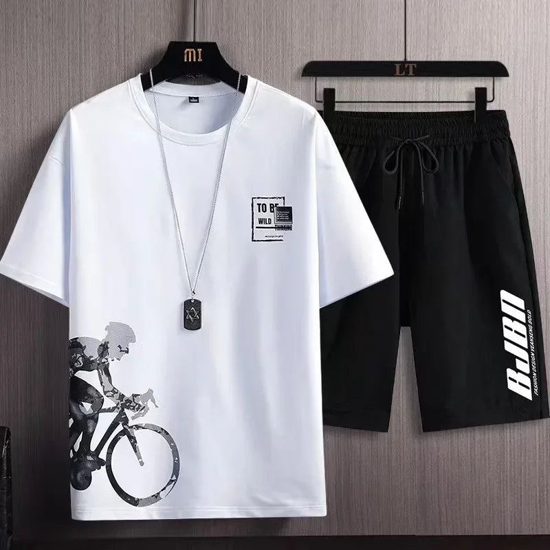 Men's Ice Silk Short Sleeve T-Shirt Suit Summer New Digital Printing Fashionable Korean Style Slims Smooths Your Silhouette Spor - Ellianto fashion Men's