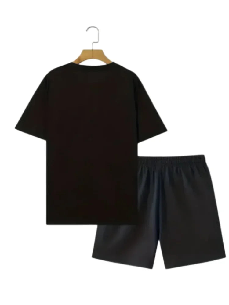 set / 2025 New Fashion Design Men's T-Shirt Men's Sports Drawstring Shorts Simple Printed Men's 2-Piece Summer Gym Breathable Suit - Ellianto fashion Men's
