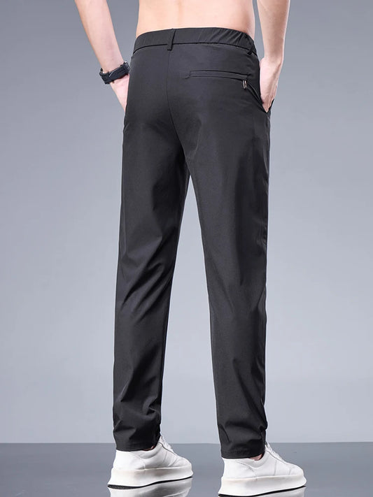 Summer New Business Ice Silk Pants Straight Elastic Waist Black Gray Trousers Breathable Simple Male Clothing Casual Suit Pants - Ellianto fashion Men's