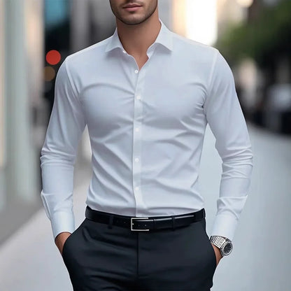 Men's Casual Long Sleeve White Shirt Spring Autumn Slim Fit Formal Workwear Shirt Comfortable Breathable Office Shirt - Ellianto fashion Men's