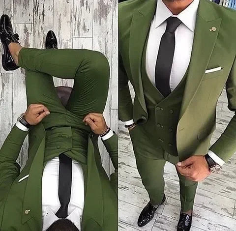Slim Fit Formal Men Suits 3 Pcs Groom Tuxedos Notch Lapel Olive Green Groom Tuxedo for Wedding Best Man (Jacket + Vest + Pants) - Ellianto fashion Men's
