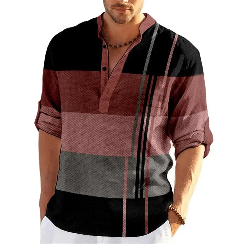 Men's Striped Color Block 3D Print Henley Shirts Fashion Streetwear Stand Collar Long Sleeve Shirt Male Tops Blouse Man Clothing - Ellianto fashion Men's