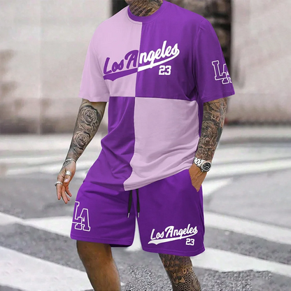 Set Men's Color-Block Los Angeles 23 Print Tracksuit LA Two Piece Outfit for Men T-shirt & Shorts Suit Street Fashion Summer Wear - Ellianto fashion Men's