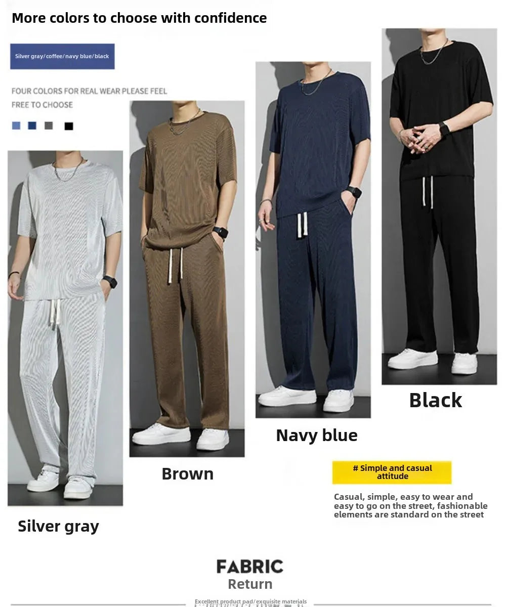 Casualsuit Ice Silk Sports Men's Summer Thin Short Sleeves T-shirt Quick Dry Long Pants Matching Half Sleeve Clothes Set - Ellianto fashion Men's