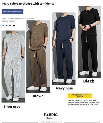 Casualsuit Ice Silk Sports Men's Summer Thin Short Sleeves T-shirt Quick Dry Long Pants Matching Half Sleeve Clothes Set - Ellianto fashion Men's