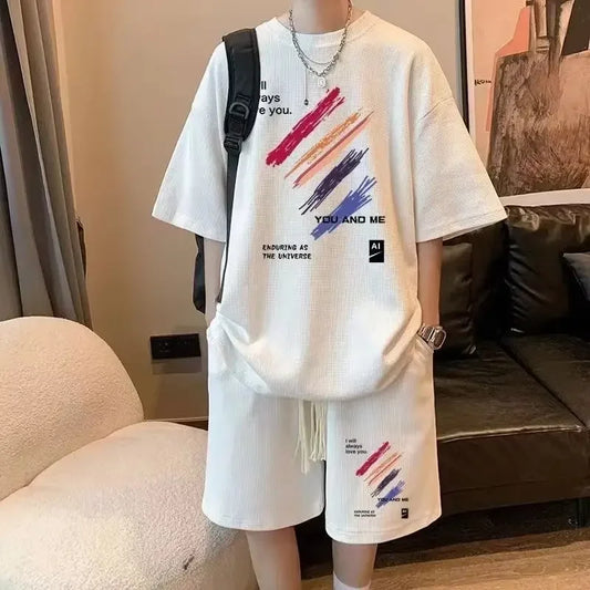 Trendy Casual Short Sleeve Men's T-Shirt Set Plus Sizes Checked Design Youth Trunks 2-Piece Set For Summer - Ellianto fashion Men's