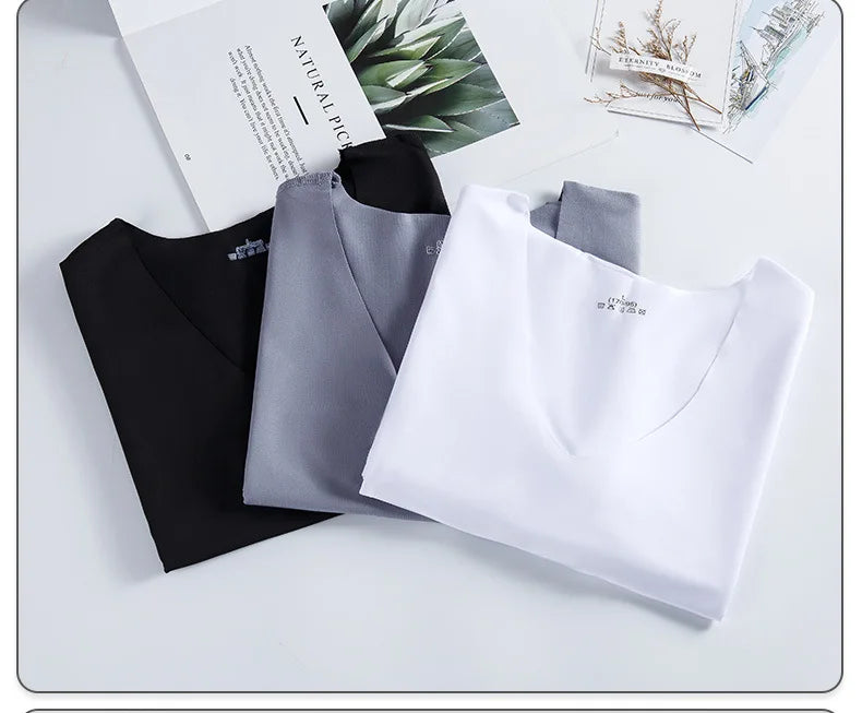 Men's Skinny Undershirt Plus Size Ice Silk Basic Shirts Breathable V-Neck Seamless T-shirt Underwear Thin Slim Bottoming Shirt - Ellianto fashion Men's