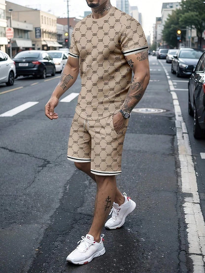 Set Casual Men's Suit Fashion Letter Printed Flower Color Round Neck Short Sleeve Shorts Personalized Trend Two Piece Clothing - Ellianto fashion Men's