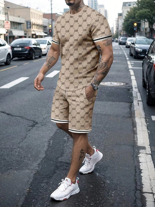 Set Casual Men's Suit Fashion Letter Printed Flower Color Round Neck Short Sleeve Shorts Personalized Trend Two Piece Clothing - Ellianto fashion Men's