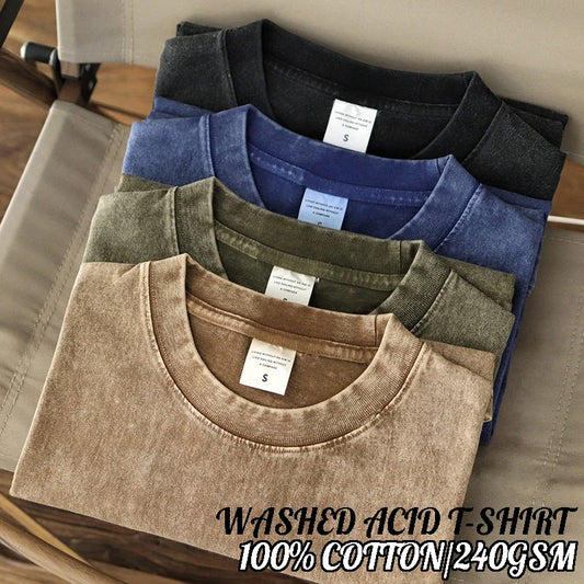 240G High Quality Men Clothes Washed T-Shirts Korean Y2k Short Sleeve T Street Retro Vintage Solid Cotton Oversized Hip Hop Punk - Ellianto fashion Men's