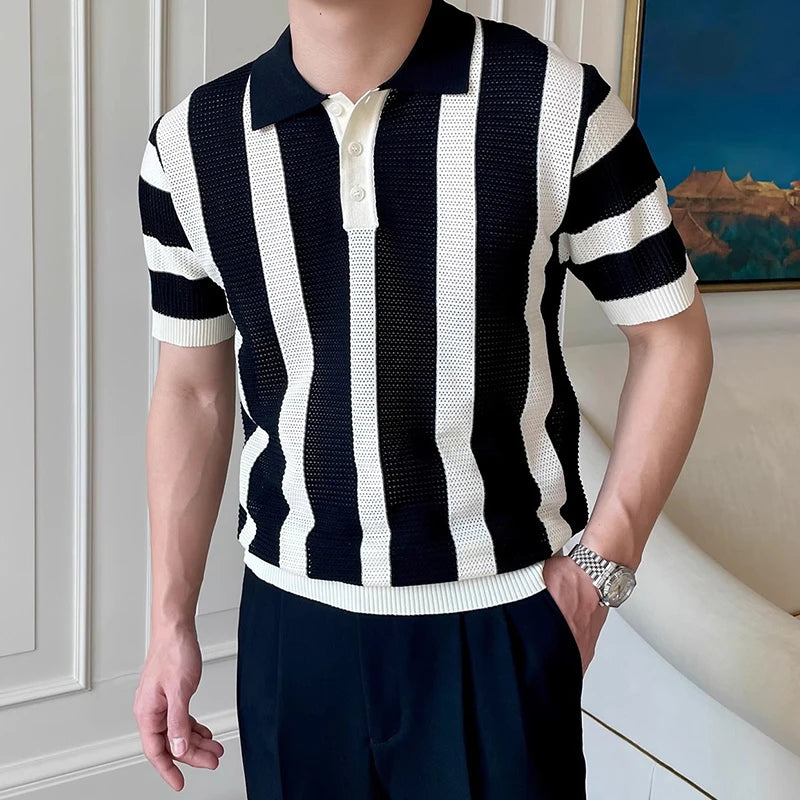Stylish Mens Slim Short Sleeve Polo Shirts Knitting Striped Contrast Color Polo T Shirt For Men Summer New Casual Buttoned Polos - Ellianto fashion Men's