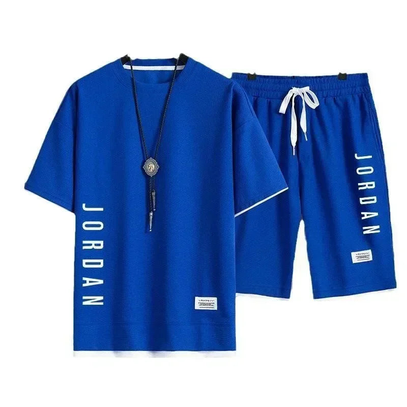 2025 Elegant casual T-shirt and shorts set for men's sports suit loose and comfortable summer waffle set for men - Ellianto fashion Men's