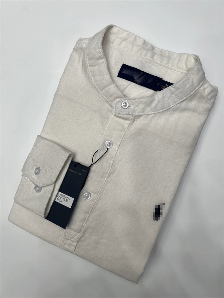 Spring Autumn Men's Linen Cotton Color Simple Embroidery Label Slim Long Sve irt Busin Casual Stand Collar irt - Ellianto fashion Men's