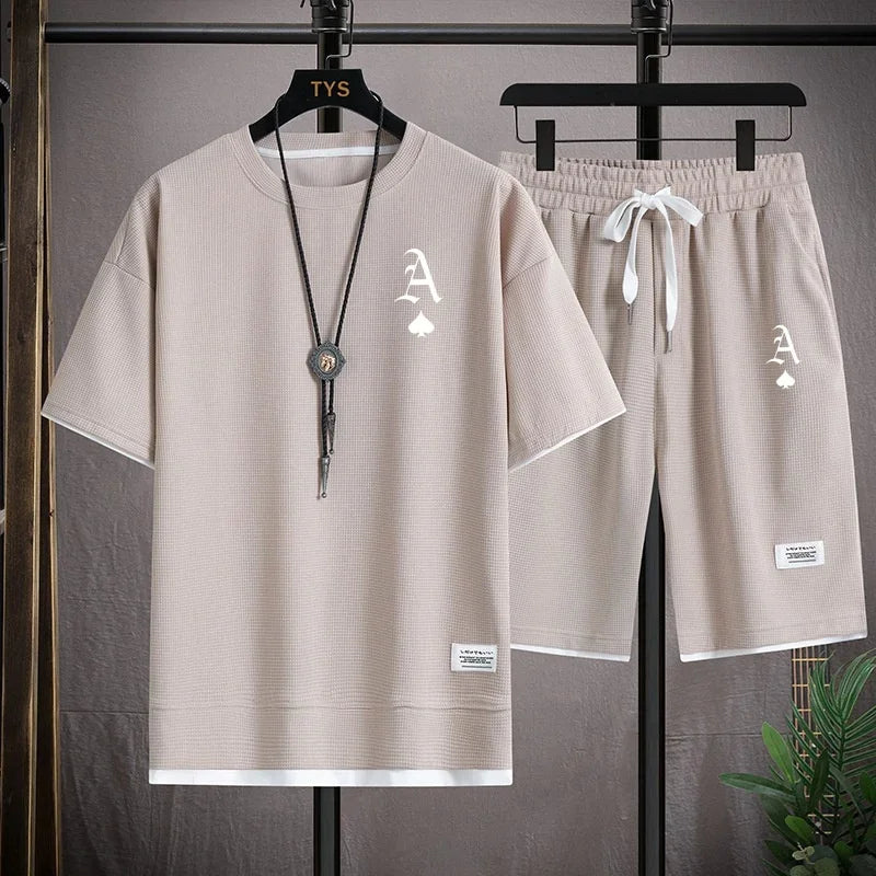 Set A stylish and casual men's sportswear set of short-sleeved T-shirt and summer sportswear shorts, a two-piece set for daily casua - Ellianto fashion Men's
