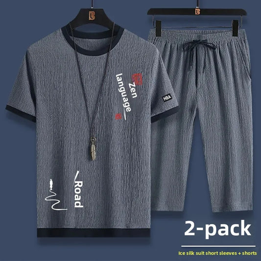 Ice Silk Men's Summer Loose Large Size Casual Sports Set Short Sleeve Seven Pants Two Piece Set Comfortable Breathable Clothing - Ellianto fashion Men's