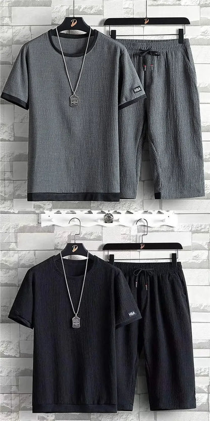 Ice Silk Men's Casual Sportswear Loose plus Size Summer Fashionable Short Sleeve Seven-Piece Pants Two-Piece Set - Ellianto fashion Men's