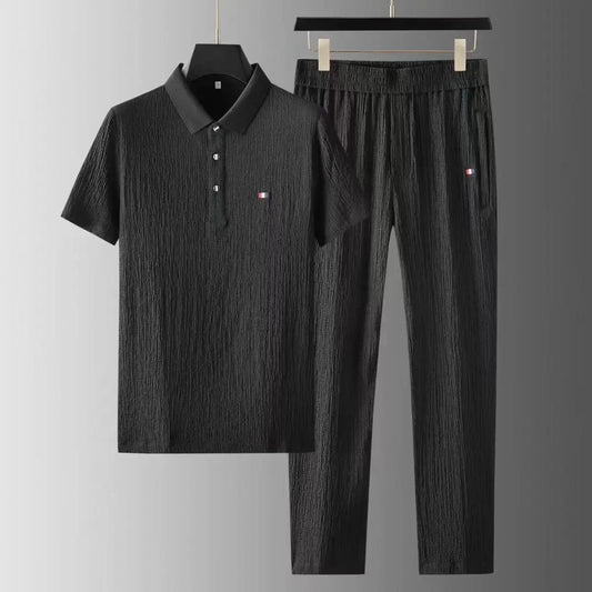 Summer Men's Casual Thin Collar Two-Piece Suit Full Set Fashionable Lightweight Breathable Comfortable Male Clothing Ensemble - Ellianto fashion Men's