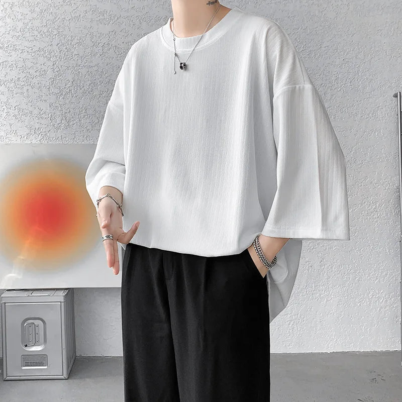 Summer Men Half Sleeves T Shirt Ice Silk Drooping Feeling Oversized Vertical Stripes Tops Loose Round Neck Medium Length T-shirt - Ellianto fashion Men's