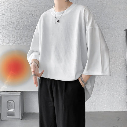 Summer Men Half Sleeves T Shirt Ice Silk Drooping Feeling Oversized Vertical Stripes Tops Loose Round Neck Medium Length T-shirt - Ellianto fashion Men's