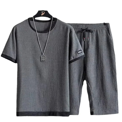 Summer Casual Ice Silk Short Sleeve T-Shirt Shorts Set for Men Fashionable Two-Piece Suit Lightweight Male Clothing Ensemble - Ellianto fashion Men's