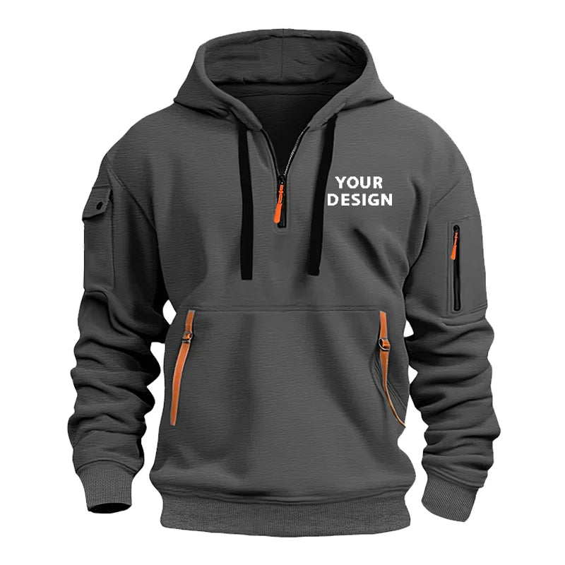 European New Men's Sports Zipper Arm Pocket Loose Casual Sweatshirt Customize Your Logo Dropped Shoulder Hooded Jacket Pullover - Ellianto fashion Men's