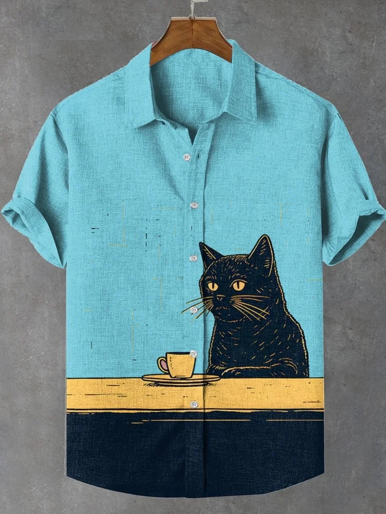 Set Men's Funny Black Cat Chilling Coffee Art Print Shirt Retro Vintage Japanese Style Short Sleeve Lapel Collar Summer Blouses Tops - Ellianto fashion Men's