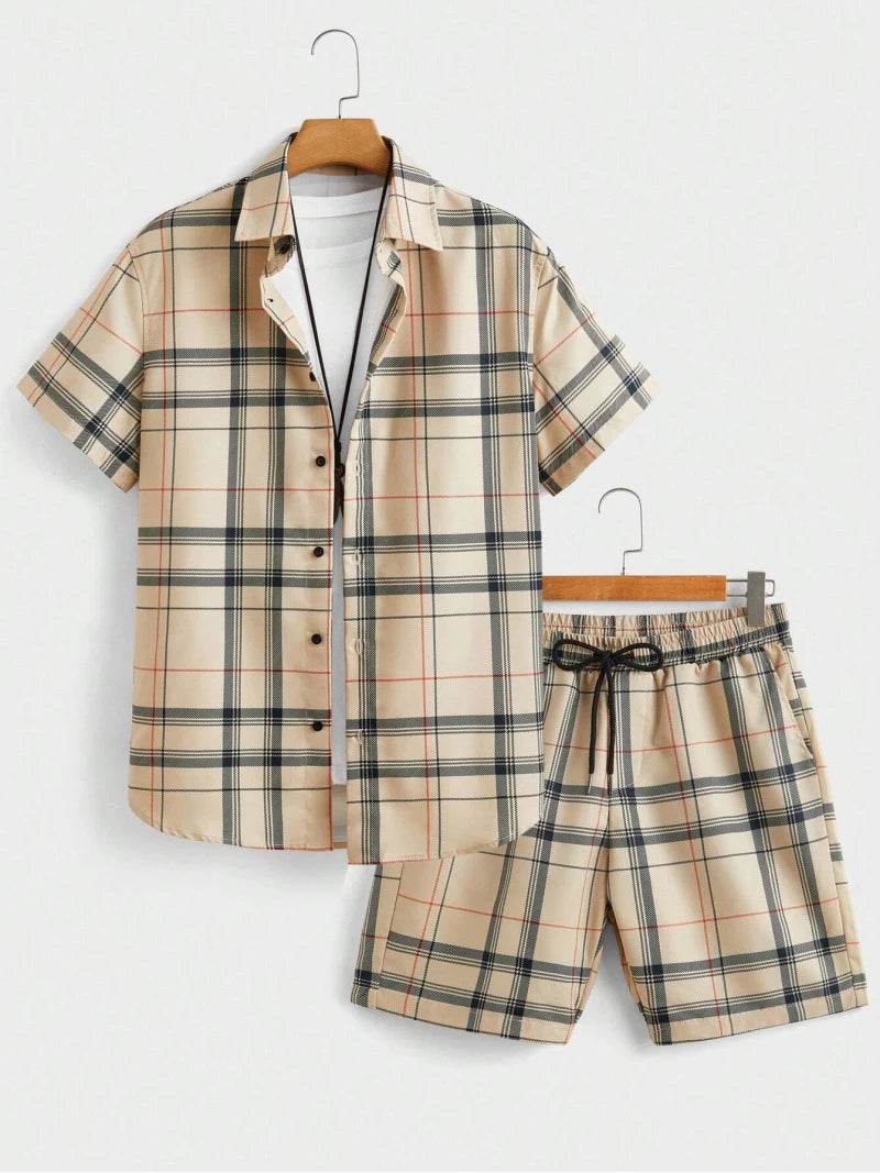 Set Street Casual Men's Suit Personalized Fashion Plaid Printed Pattern Short Sleeve Lapel Shirt and Shorts Men's Two Piece Set - Ellianto fashion Men's