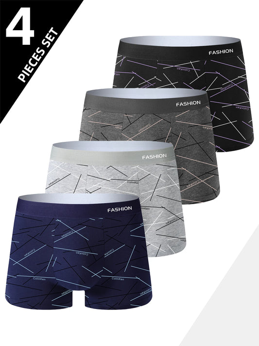 4pcs men's underwear, comfortable, soft and fashionable daily line print intimate boxer briefs, sporty and breathable boxers - Ellianto fashion Men's