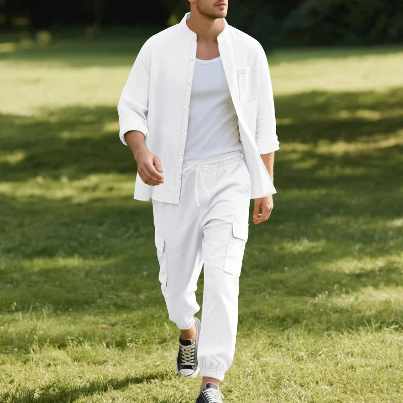 Spring and Summer Men's Linen Button Long Sleeved Shirt and Pants Set, Fashionable, Casual, Breathable, Quick Drying 2-Pie Set - Ellianto fashion Men's