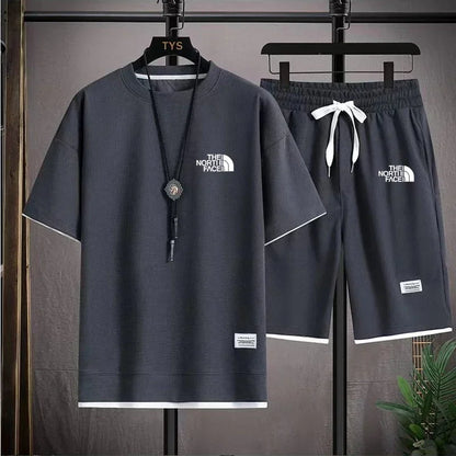 Set 2025 Summer Men's fashion breathable short-sleeved T-shirt + jogging Shorts two-piece fitness training suit Casual set - Ellianto fashion Men's