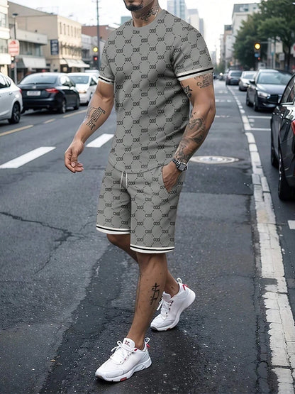 Set Casual Men's Suit Fashion Letter Printed Flower Color Round Neck Short Sleeve Shorts Personalized Trend Two Piece Clothing - Ellianto fashion Men's