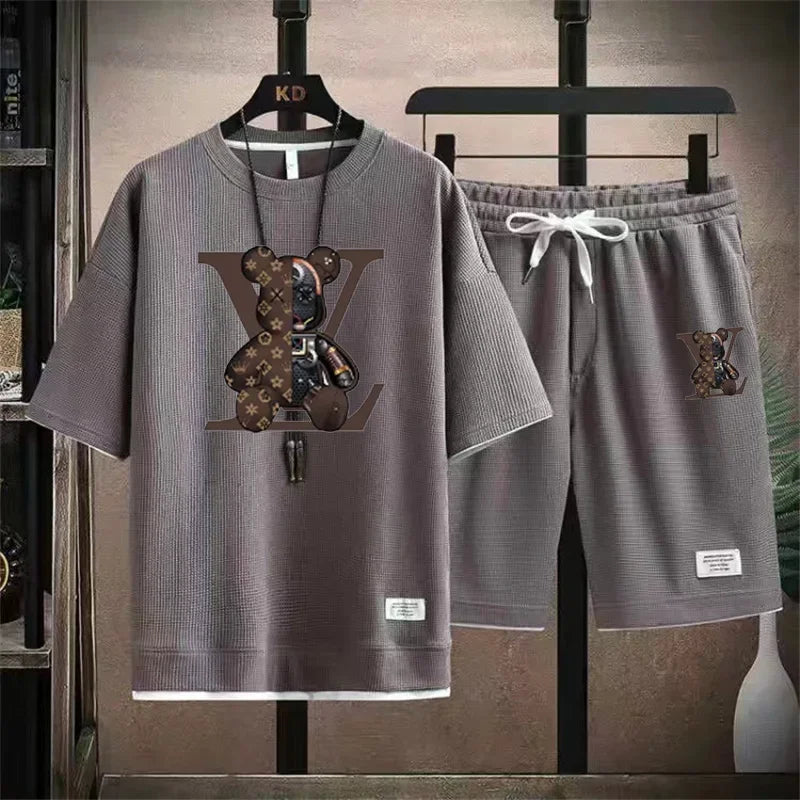 Set 2025 Summer Trend European and American men's sportswear Set: A brand-new outdoor jogging casual breathable short-sleeved T-shir - Ellianto fashion Men's