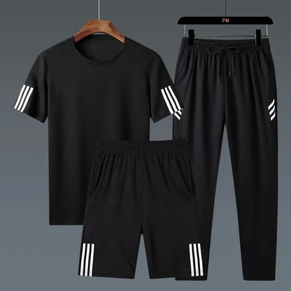 Summer Casual Sports Men's Short Sleeve T-Shirt plus Size Three-Piece Set New Style Long Pants Comfortable Breathable Clothing - Ellianto fashion Men's