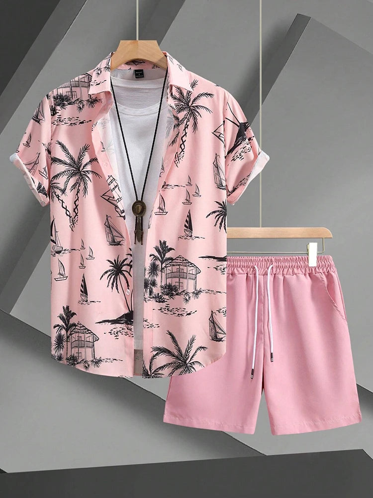 Set Hawaiian Coconut Tree Print Men's Shirt Summer Short Sleeve Tops Beach Shorts 2 Piece Sets Casual Vacation Style Outfit Clothing - Ellianto fashion Men's