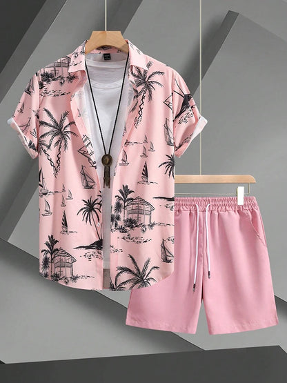 Set Hawaiian Coconut Tree Print Men's Shirt Summer Short Sleeve Tops Beach Shorts 2 Piece Sets Casual Vacation Style Outfit Clothing - Ellianto fashion Men's