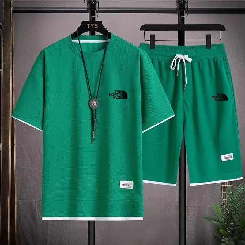 Set 2025 Summer Men's fashion breathable short-sleeved T-shirt + jogging Shorts two-piece fitness training suit Casual set - Ellianto fashion Men's