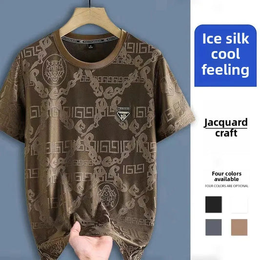 Summer Casual High Density Embroidery Ice Silk Short Sleeve T-Shirt Men's Thin Stylish Lightweight Breathable round Neck Top